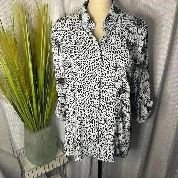 Chicos Women’s 2 US L Mixed Print 3/4 Roll Tab Sleeves High Low Tunic Top - Picture 1 of 13